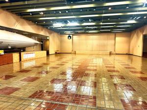 無人の市民ホール。木目調の床とステージのある広い室内。