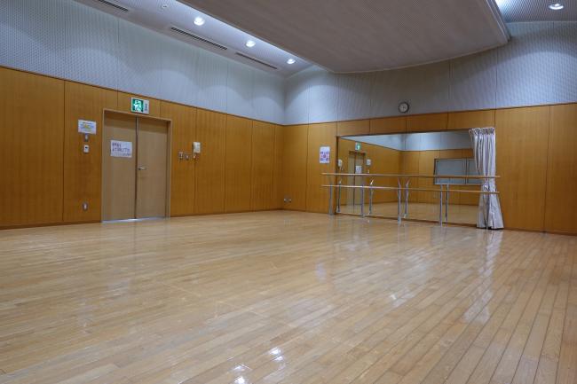 鏡と手すりのあるリハーサル室。床面が広く取られている。