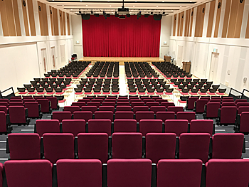 白岡市生涯学習センター（こもれびの森）の多目的ホール。舞台と客席があるホール。
